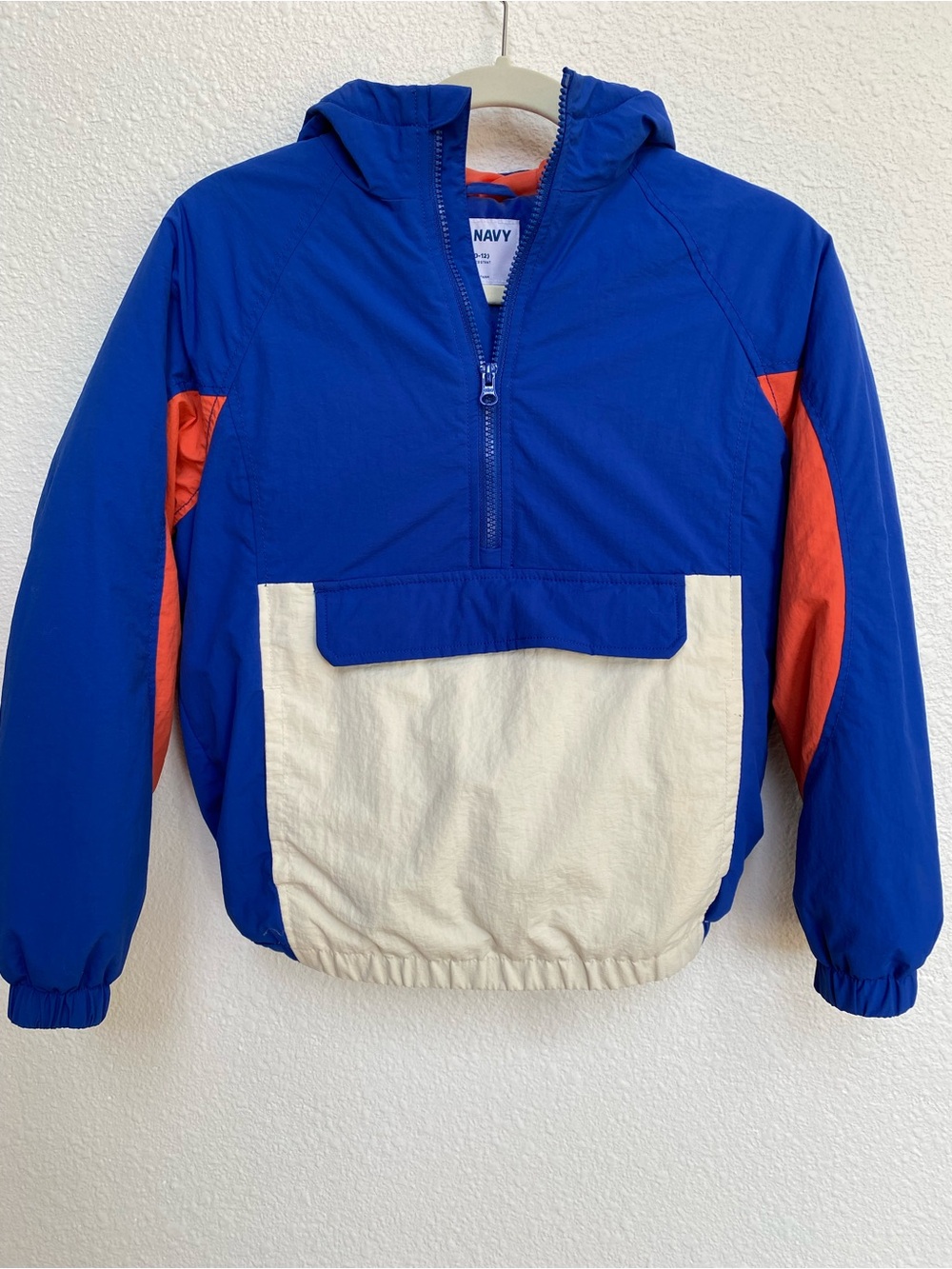 Old Navy Bright Blue & Orange Hooded Colorblock Pullover with Pocket - Boy’s L